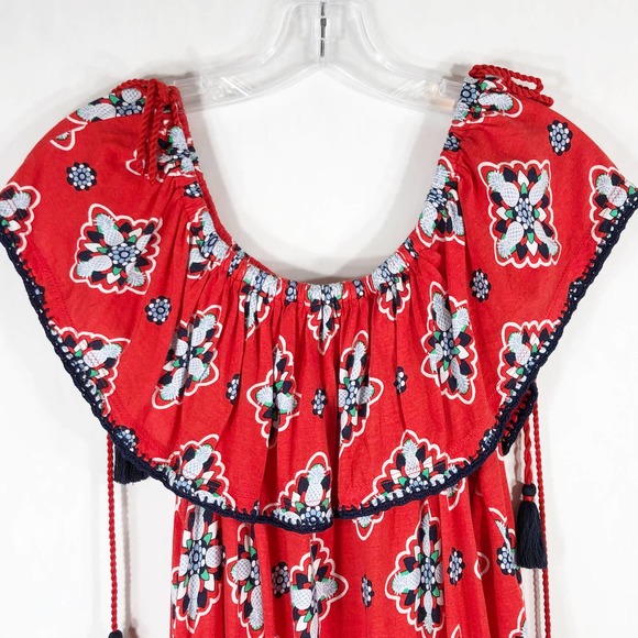 Crown Ivy XL Petite Dress Red Blue Tassels Shift Knee Off Shoulder Pineapple 574 - Picture 5 of 9